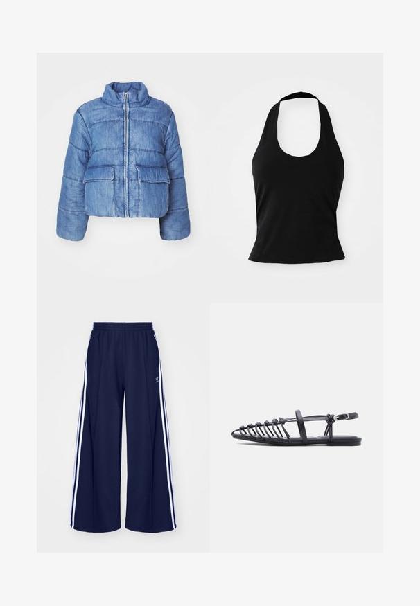 Veste rembourrée en denim bleu, raccourcie, avec un col montant, une fermeture éclair à l'avant, deux grandes poches à rabat et des coutures décoratives partout.; Haut halter noir en tissu doux, avec un col rond et une silhouette ajustée, à la texture lisse et sans motifs visibles.; adidas Originals PANT - Pantalon de survêtement - night indigo; Sandale plate noire avec plusieurs fines lanières, bride à boucle à la cheville et design cage à bout ouvert sur fond blanc.