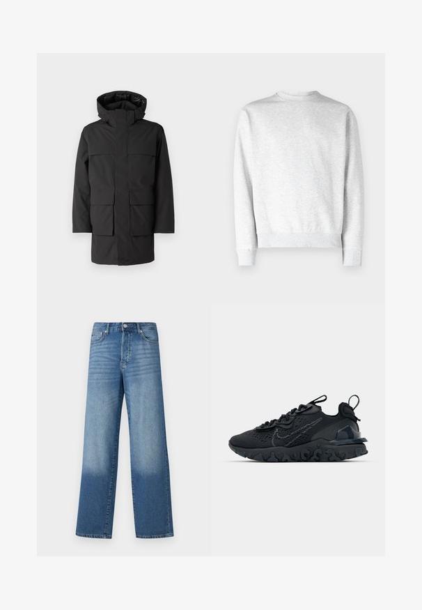 Sort vandafvisende jakke med hætte, der har en frontlynlås, fire store påsyede lommer og et minimalistisk design. Glat, holdbart stof.; Lys grå crewneck sweatshirt lavet af blødt fleece-materiale, med ribbestrikkede manchetter og kant, samt en glat, tekstureret overflade.; Blå højtaljede strækte jeans med falmede områder på lårerne og mørkere skygger nær kanten, synlig frontknap og lommer.; Sort atletisk sko med en åndbar mesh-overdel, teksturerede detaljer og en bølget gummisål. Har reflekterende logo og snørresystem.