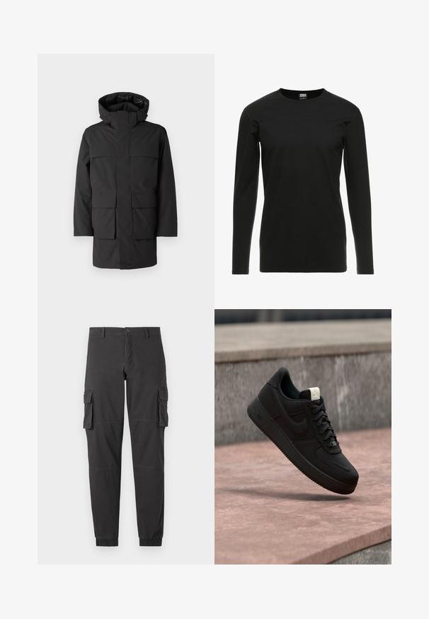 Sort vandafvisende jakke med hætte, der har en frontlynlås, fire store påsyede lommer og et minimalistisk design. Glat, holdbart stof.; Urban Classics STRETCH TERRY - Langærmet T-shirt - black; Sorte cargo bukser med elastiske manchetter, som har flere sidelommer, knaplukning og synlige sømdetaljer.; Sort Nike Air Force 1 sneaker, der svæver over en lyserød betonforkant med en grå stenet baggrund, som viser sidde- og topdetaljer.