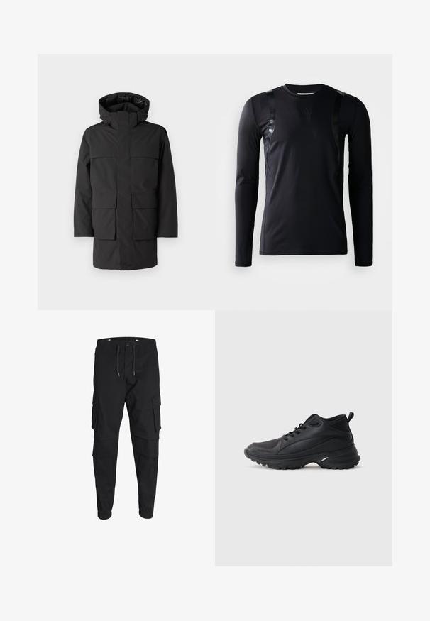 Veste imperméable noire avec capuche, dotée d'une fermeture éclair à l'avant, de quatre grandes poches plaquées et d'un design minimaliste. Tissu lisse et durable.; T-shirt de sport à manches longues noir en tissu lisse et extensible. Présente des accents noirs brillants sur les épaules et un logo Adidas sur la poitrine.; Pantalons cargo noirs avec une taille élastique munie d'un cordon de serrage, plusieurs poches latérales et des chevilles côtelées pour une coupe ajustée.; Chaussures de sport noires en matériau synthétique. Dotées d'un col rembourré, d'un embout rond, d'une semelle extérieure robuste avec traction, et d'un détail avec le logo de la marque.