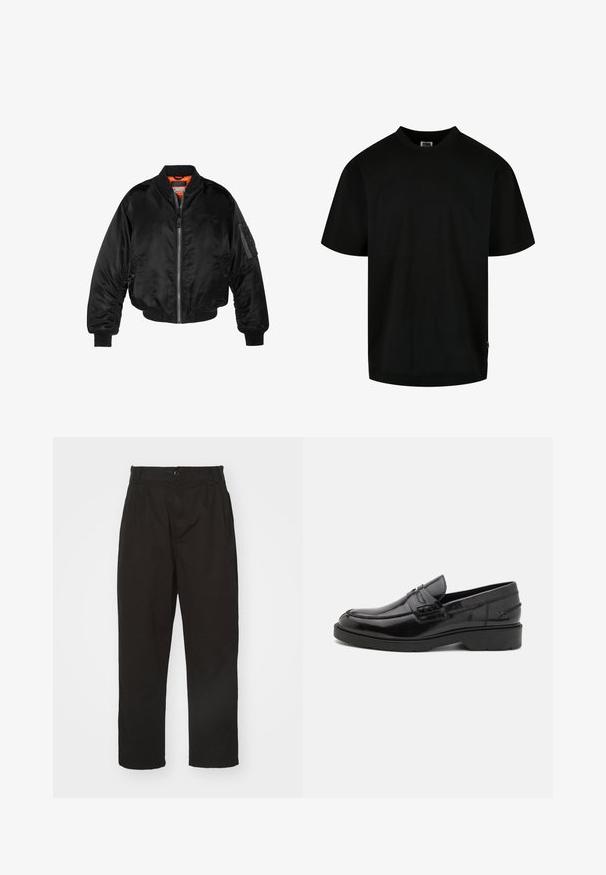 Veste bombardier noire en nylon brillant avec des poignets côtelés, un zip sur le devant et une doublure orange. Dotée d'une poche zippée sur la manche.; T-shirt noir en coton, avec un col rond et des manches courtes, à coupe ample. Design simple, sans motifs ni graphiques.; Pantalons noirs en tissu lisse, dotés d'une fermeture à bouton, d'une coupe droite et de deux plis à l'avant pour un détail supplémentaire.; Mocassins en cuir noir avec une finition lisse, un bout rond, un petit talon et descoutures décoratives à l'avant. Semelle en caoutchouc pour l'adhérence.