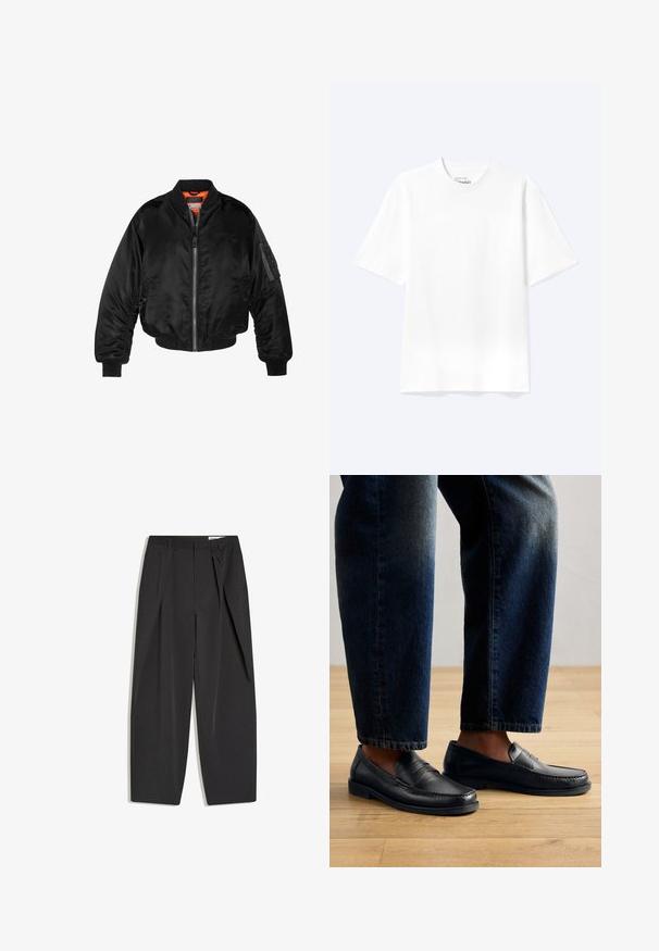 Zwarte bomberjack gemaakt van glanzende nylon stof met ribbelmanchetten, een ritssluiting aan de voorkant en een oranje voering. Bevat een ritssluiting zak op de mouw.; Effen witte T-shirt met korte mouwen en ronde hals, met een losse pasvorm, weergegeven op een lichte achtergrond.; Zwarte, op maat gemaakte, high-waist broek met plooien, riemlussen en een rechte pijpen, plat uitgestald op een witte achtergrond.; Zwarte leren instappers met gestikte details en textuurelementen, gedragen met donkerdenim, die een casual en gestroomlijnd ontwerp tonen.
