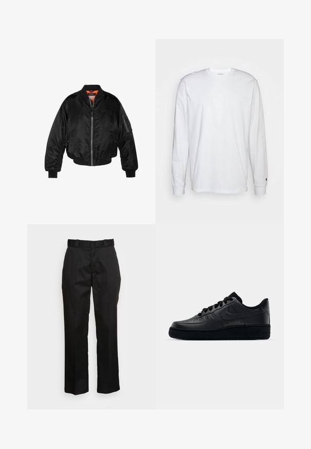 Zwarte bomberjack gemaakt van glanzende nylon stof met ribbelmanchetten, een ritssluiting aan de voorkant en een oranje voering. Bevat een ritssluiting zak op de mouw.; Witte lange mouwen T-shirt van katoen. Ronde hals ontwerp met ribgebreide manchetten en een klein logo op de linkermouw. Gladde textuur.; Zwarte broek van een gladde stof, met een rechte pijp ontwerp, riemlussen en twee zijzakken. Klassieke uitstraling zonder versieringen.; Zwarte Nike Air Force 1 sneaker met een gladde leren bovenkant, geperforeerde neus voor ademend vermogen, zwarte veters en een getextureerde rubberen zool.