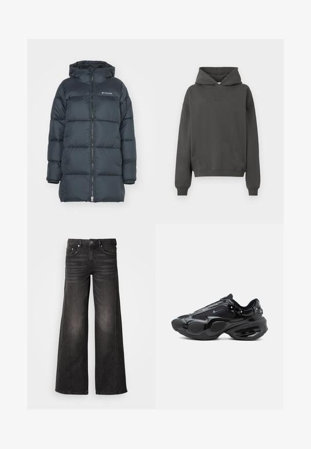 Donker marineblauwe pufferjack met een capuchon, voorzien van een ritssluiting aan de voorkant, horizontaal gestikte design en een logo op de borst. Het materiaal heeft een gladde textuur.; Donkergrijze hoodie van zacht materiaal, met een trekkoord in de capuchon, geribde mouwen en een discreet logo op de voorkant gedrukt.; Zwarte spijkerbroek met wijde pijpen, vervaagde details, ontwerp met vijf zakken, knoop- en ritssluiting.; Zwarte sneaker met glanzende en mesh panelen, afgeronde zoolsegmenten en kleine bloemversieringen nabij de hiel en veters.