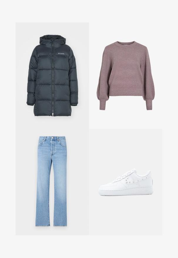 Donker marineblauwe pufferjack met een capuchon, voorzien van een ritssluiting aan de voorkant, horizontaal gestikte design en een logo op de borst. Het materiaal heeft een gladde textuur.; Gebreide pullover trui in zacht paars, met een ronde hals, lange ballonmouwen en een geribbelde zoom en manchetten voor een textuurafwerking.; Lichtblauwe denim jeans met een rechte pijp, hoge taille, vijf zakken, knoopsluiting en subtiele vervaging door het hele fabric.; Witte Nike Air Force 1 sneaker met gespikkelde Swoosh-detail en dikke zool, afgebeeld tegen een effen lichtgrijze achtergrond.