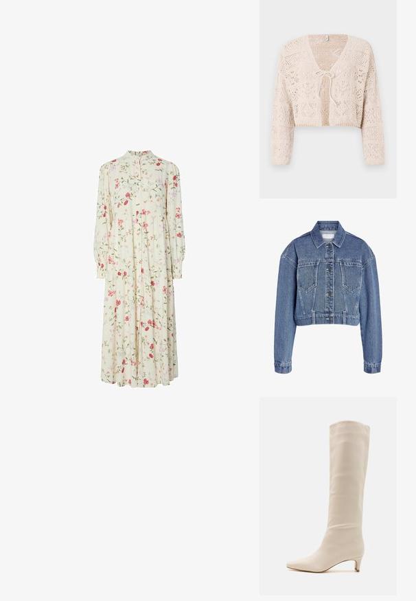Kärbitud denim jakk helesinisena, klassikalise krae, nööbiga kinnituse ja kahe rinna taskuga, millel on tekstuuriga kangas. ; Heegeldatud beež kardigan avatud ees, pikkade varrukatega ja sidumispiiranguga. Omab geomeetrilisi mustreid ja lühendatud disaini.; Pika kreemika värvusega lillemustriga kleit roosade ja punaste lilledega, pika varruka, kõrge krae ja nööpidega esiküljel, taljest volditud.; RAID LAYLA - Saapad - off white