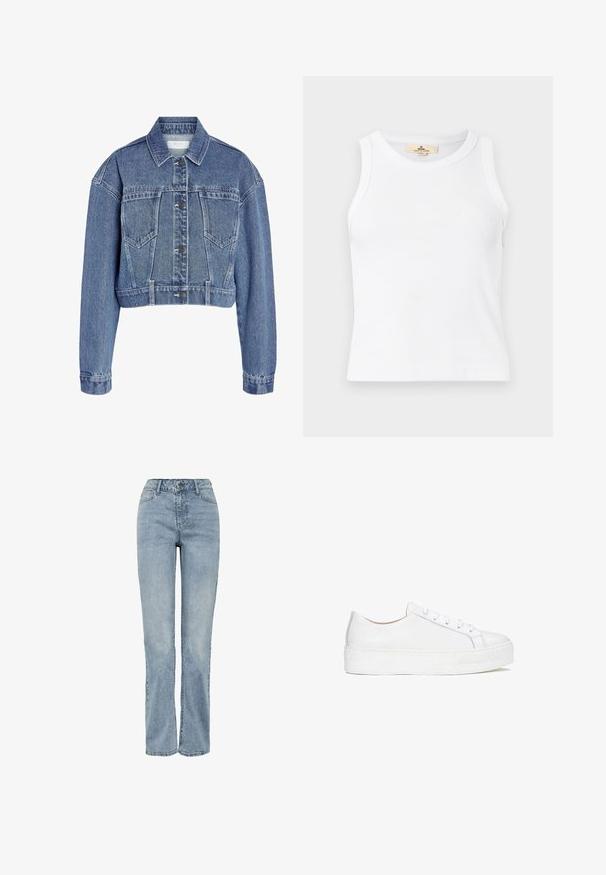 Kärbitud denim jakk helesinisena, klassikalise krae, nööbiga kinnituse ja kahe rinna taskuga, millel on tekstuuriga kangas. ; Valge soonikkoes varrukateta lühike topp, ümara kaelusega ja kaeluse sees nähtav beež kaubamärgi silt.; Hele sinised kõrge värvliga sirgete säärega teksapüksid, esitaskute, vööaasade, lukustamise ja nööpidega valgel taustal.; Valge nahkne sneaker sileda pinnaga, ümmarguse varbaga ja tasase tallaga. Omab nöörimisega sulgemist ja peeneid tikandeid.