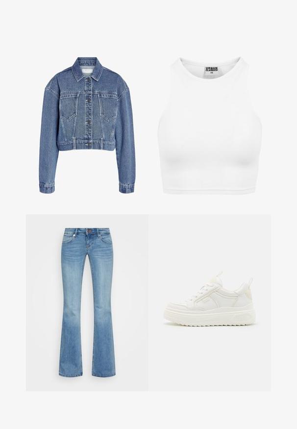 Beskåret denimjakke i lys blå, med klassisk krave, knaplukning og to brystlommer med en tekstureret stoffinish.; Hvid ribbet cropped tanktop med høj halsudskæring og "Urban Classics XS" label inde i kraven.; Lys blå denim flare bukser med fem lommer, stikna seams og lukning med knap foran. Har en falmet vaskeffekt og en udsat kant.; Hvide lædersneakers med en kraftig sål, snørebåndsdesign og subtil branding. Har en glat overflade og rund tå.