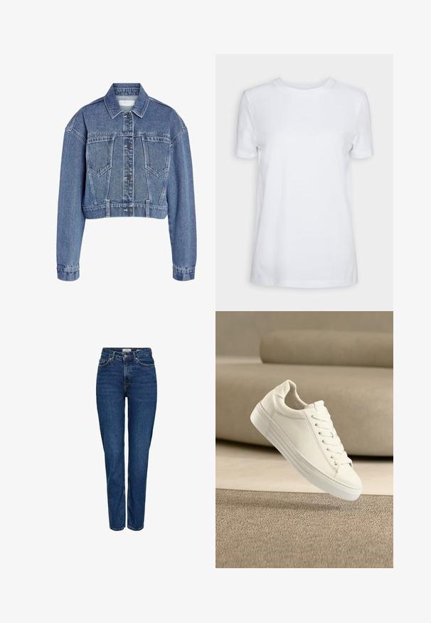 Kärbitud denim jakk helesinisena, klassikalise krae, nööbiga kinnituse ja kahe rinna taskuga, millel on tekstuuriga kangas. ; Lihtne valge lühikese varrukaga ümara kaelusega t-särk, normaalse istuvusega ja väikese sisesildiga kaelal, millel on kiri „SELECTED FEMME.“; Tumesinised teksapüksid sirge säärega, kõrge vöökohaga, viie taskuga, heleda õmblusega ja peene tekstuuriga viimistlusega.; Valge nahast tennisking paeladega, mis hõljub tekstuurse beeži vaiba kohal, beeži diivaniga häguses taustas.