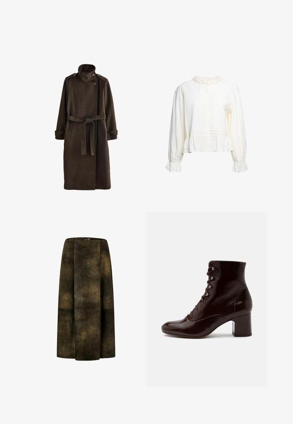Manteau en laine brun avec un col haut, des détails de boutons aux épaules, des manches longues et une ceinture assortie à la taille. Finition en tissu texturé.; Blouse blanche à manches longues avec col et poignets volantés, fermeture boutonnée devant et bas peplum froncé.; Jupe midi en cuir suédé marron foncé avec un devant portefeuille et une fermeture visible par un bouton unique à la taille.; Bottine marron foncé à forte brillance avec laçage devant, œillets métalliques et talon bloc sur fond blanc.