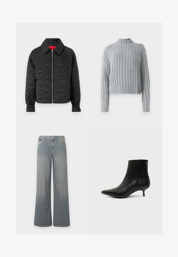 Chaqueta acolchada negra con cierre de cremallera en el frente, que presenta cuello con solapa, puños elásticos y patrones florales en relieve en toda la prenda. Etiqueta interior roja.; Suéter grueso de punto en gris claro con patrón de canalé, cuello tipo alto, mangas largas y un corte ligeramente corto.; Vaqueros de lavado claro y pierna ancha hechos de mezclilla, con un diseño clásico de cinco bolsillos, cierre de cremallera y botón, y detalles de dobladillo desflecado.; Botín de piel negra con puntera puntiaguda y tacón bajo estilo kitten sobre fondo claro, mostrando vista lateral exterior.