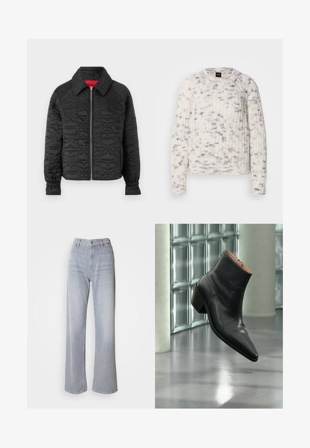 Chaqueta acolchada negra con cierre de cremallera en el frente, que presenta cuello con solapa, puños elásticos y patrones florales en relieve en toda la prenda. Etiqueta interior roja.; Suéter de punto blanco y gris con un patrón texturizado, cuello redondo, mangas largas y un ajuste holgado. Etiqueta de la marca visible en el cuello.; Jeans de pernera ancha en gris claro, con cintura alta, hechos de denim. Presentan bolsillos frontales, cremallera y un leve desvanecimiento por toda la prenda.; Botín de piel negra con puntera puntiaguda y tacón cuadrado que levita sobre un suelo gris reflectante cerca de una pared de bloques de cristal.