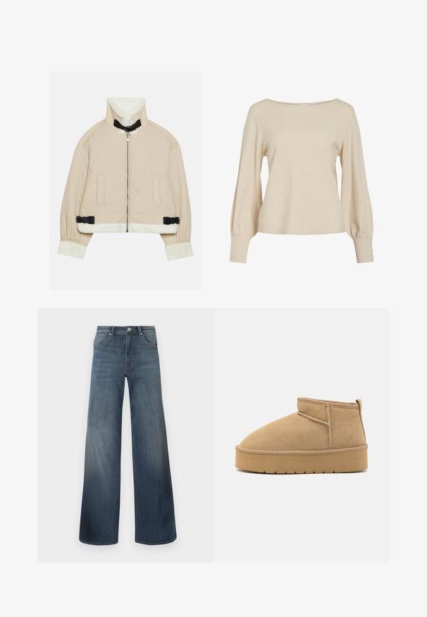 Chaqueta beige acolchada con un suave cuello y puños de forro polar blanco, que cuenta con un cierre frontal y detalles de hebilla negra. Incluye dos bolsillos frontales.; Suéter de punto color crema con cuello ancho, mangas largas abullonadas y botones decorativos en los puños. Textura suave y ajuste relajado.; Vaqueros de pierna ancha en azul oscuro, con un acabado desgastado, cierre de botón y estilo de cinco bolsillos. Textura suave, detalles de costura mínimos.; Botines de ante beige con punta redondeada, costuras mínimas y suela de goma marrón claro con un patrón texturizado.