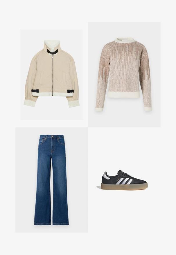 Chaqueta beige acolchada con un suave cuello y puños de forro polar blanco, que cuenta con un cierre frontal y detalles de hebilla negra. Incluye dos bolsillos frontales.; Suéter de punto marrón y crema de mangas largas con rayas verticales y un patrón ondulado, que presenta un cuello redondo y puños y dobladillo acanalados.; GAP STRIDE SUTTON - Pernera ancha - dark wash; Zapatilla deportiva de cuero negro con tres rayas plateadas, punta texturizada y suela de goma. Cuenta con un collar acolchado y un diseño con cordones.