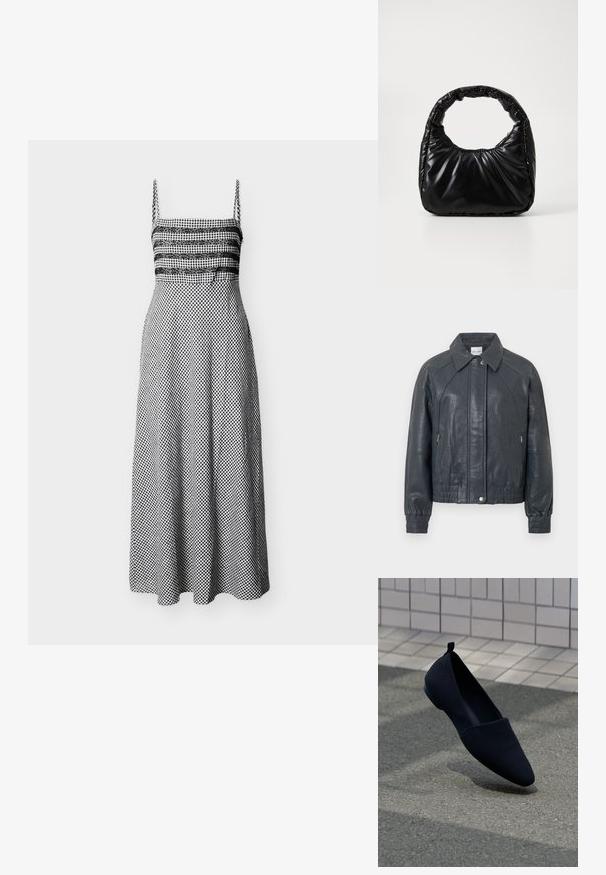 Veste en cuir gris foncé avec col, poches zippées et poignets élastiques. Fini texturé avec une coupe légèrement courte.; Robe midi en vichy noir et blanc à fines bretelles, détail en dentelle sur le buste, taille ajustée et jupe évasée.; Chaussure plate noire avec un bout pointu, texture lisse et design minimaliste. Dotée d'un petit talon et d'une languette à l'arrière.; Sac à main noir rembourré avec une poignée arrondie, présentant une surface lisse et brillante ainsi qu'une texture douce et matelassée. Pas de quincaillerie ou d'accents visibles.