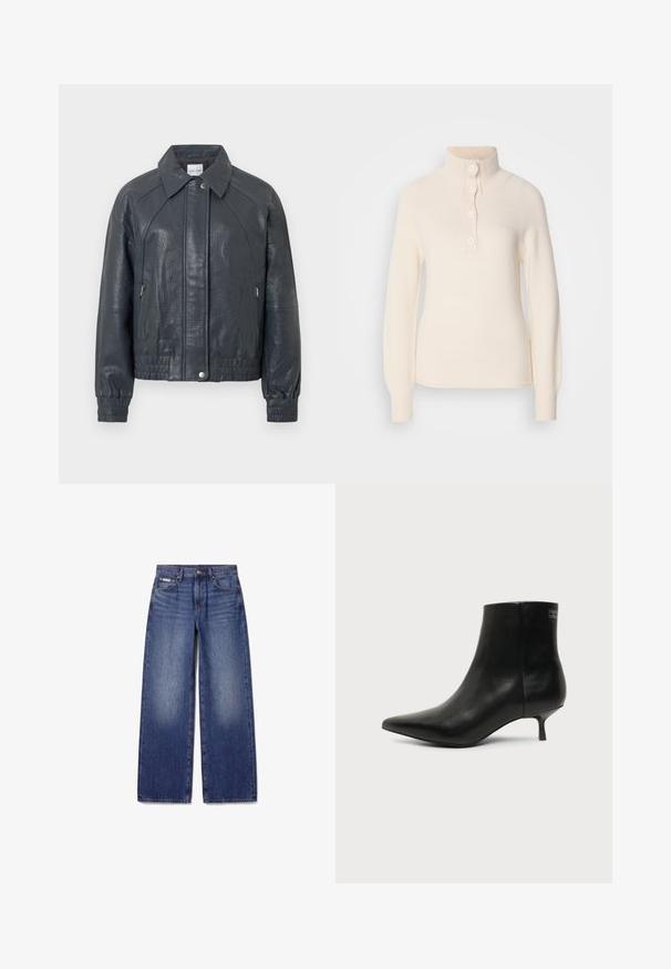 Veste en cuir gris foncé avec col, poches zippées et poignets élastiques. Fini texturé avec une coupe légèrement courte.; Pull cream avec col montant, doté d'une patte de boutonnage à quatre boutons et de poignets et d'un ourlet côtelés. Fabriqué dans un tissu doux et texturé.; Jean en denim bleu avec une coupe large, fermeture avant par boutons et fermeture éclair, et design à cinq poches sur fond blanc.; Bottine en cuir noir avec bout pointu et petit talon kitten sur fond clair, vue côté extérieur.