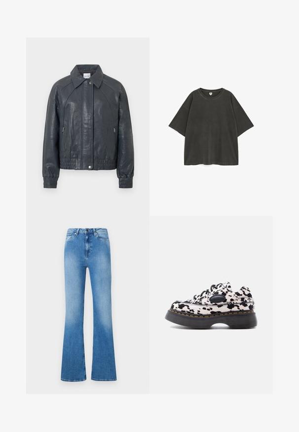 Chaqueta de cuero gris oscuro con cuello, bolsillos con cremallera y puños elásticos. Acabado texturizado con un diseño ligeramente cropped.; Camiseta de manga corta de gran tamaño en gris oscuro con cuello redondo y costuras visibles, extendida sobre un fondo blanco.; Vaqueros acampanados de color azul claro, hechos de denim. Presentan un diseño clásico de cinco bolsillos, cierre de botón y un acabado descolorido hacia la parte inferior.; Zapatilla deportiva de plataforma con estampado de manchas blancas y negras, suela negra gruesa, costuras amarillas, cordones negros y un logotipo ovalado de la marca en negro en el lateral.