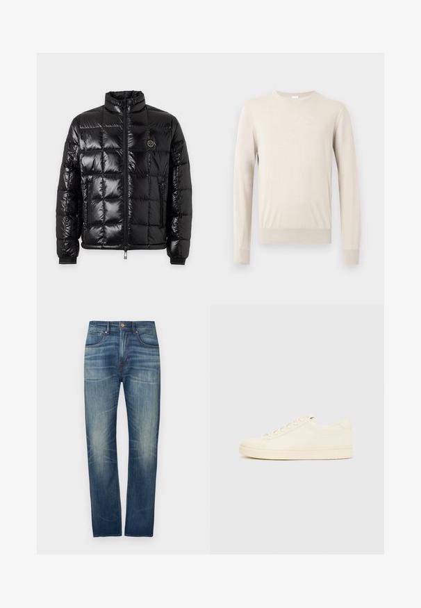 Veste matelassée noire brillante avec col montant, fermeture éclair à l'avant, poches latérales zippées et écusson rond avec logo sur la poitrine.; Pull beige à manches longues avec encolure ronde, poignets et ourlet côtelés, présenté sur un fond clair uni.; Jean en denim bleu foncé à coupe droite, avec un léger délavage, cinq poches et une fermeture par bouton à la taille.; Baskets couleur crème avec une tige en cuir lisse, bout arrondi, laçage à l'avant et semelle en caoutchouc texturée. Design minimaliste, sans logo.