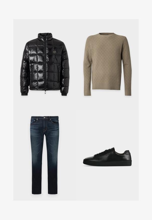 Veste matelassée noire brillante avec col montant, fermeture éclair à l'avant, poches latérales zippées et écusson rond avec logo sur la poitrine.; Pull tricoté marron clair avec motif en losange, manches longues, poignets et ourlet côtelés, et col rond sur fond uni.; Jean slim bleu foncé avec légère décoloration sur les cuisses et les genoux, design à cinq poches, et fermeture par bouton à la taille.; Basket basse en cuir noir avec lacets noirs et semelle épaisse noire, vue de profil sur fond gris clair.