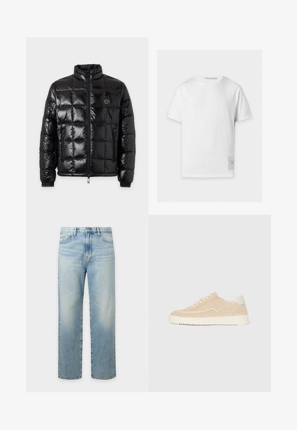 Veste matelassée noire brillante avec col montant, fermeture éclair à l'avant, poches latérales zippées et écusson rond avec logo sur la poitrine.; T-shirt blanc uni à manches courtes avec un col rond et une petite étiquette rectangulaire portant le texte de la marque près de l'ourlet inférieur du côté droit.; Jeans en denim bleu clair à coupe droite avec poches avant, passants pour ceinture et fermeture par bouton.; Baskets en daim beige avec semelle et lacets blancs, design basse, et motif de semelle en zigzag.