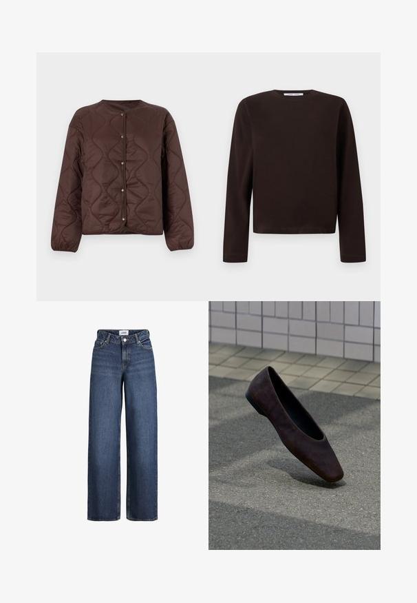 Veste boutonnée matelassée marron avec manches longues et encolure ronde, présentant des coutures en motif ondulé et des poignets élastiques.; Sweat-shirt à manches longues, col rond, de couleur brun foncé avec un ourlet droit, présenté sur un fond blanc uni.; Jean en denim bleu à jambes larges avec bouton et fermeture éclair à l’avant, passants de ceinture et poches, présenté sur fond blanc.; Chaussure plate marron foncé unique flottant au-dessus d'un sol texturé avec un mur carrelé en arrière-plan.