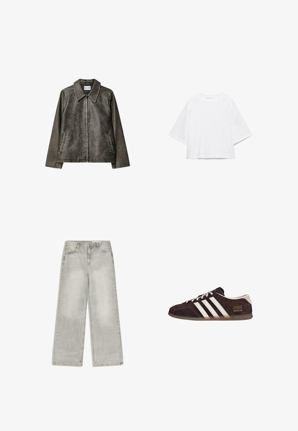 Braune Kunstlederjacke mit großem Kragen, Reißverschluss, zwei seitlichen Taschen und kontrastierenden Nähten.; Weißes, kurzärmeliges, kastiges T-Shirt aus weicher Baumwolle. Es verfügt über einen Rundhalsausschnitt und breite Ärmel mit einem klaren, schlichten Design.; Grau melierte Jeans mit weitem Bein, verwaschenem Finish, fünf Taschen und metalfarbenen Details. Der Stoff hat eine weiche Textur und einen sauberen Saum.; Braune Wildleder-Sneaker mit drei weißen Streifen, Gummisohle und Textlabel "Gazelle" in Gold. Schnürdesign mit grauen Schnürsenkeln.