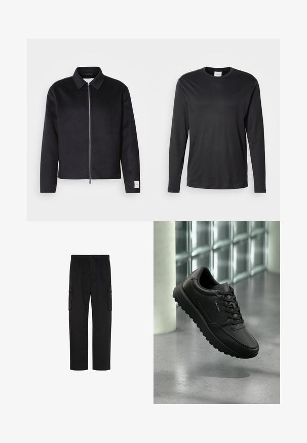 Schwarze Jacke mit Kragen, Vorderreißverschluss und quadratischer Schnitt. Hergestellt aus weichem Stoff, mit einem kleinen Etikett an dem linken Ärmel.; Schwarzes Langarm-Shirt mit Rundhalsausschnitt von Calvin Klein, mit kleinem CK-Logo auf der linken Brust, auf einem schlichten weißen Hintergrund präsentiert.; Schwarze gerade geschnittene Cargohosen mit elastischem Bund, Knopfverschluss und zwei Klappentaschen an den Seiten.; Schwarzer Calvin Klein Sneaker aus Leder mit Schnürsenkeln, robuster Sohle, schwebend über einem polierten Betonboden vor einem Hintergrund aus Glasbausteinwand.