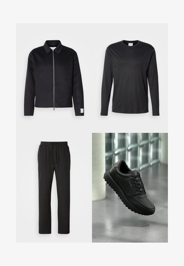 Schwarze Jacke mit Kragen, Vorderreißverschluss und quadratischer Schnitt. Hergestellt aus weichem Stoff, mit einem kleinen Etikett an dem linken Ärmel.; Schwarzes Langarm-Shirt mit Rundhalsausschnitt von Calvin Klein, mit kleinem CK-Logo auf der linken Brust, auf einem schlichten weißen Hintergrund präsentiert.; Schwarze Jogginghosen aus leichtem Stoff, mit einem elastischen Bund und verstellbaren Kordeln sowie Seitentaschen. Glatte Textur.; Schwarzer Calvin Klein Sneaker aus Leder mit Schnürsenkeln, robuster Sohle, schwebend über einem polierten Betonboden vor einem Hintergrund aus Glasbausteinwand.
