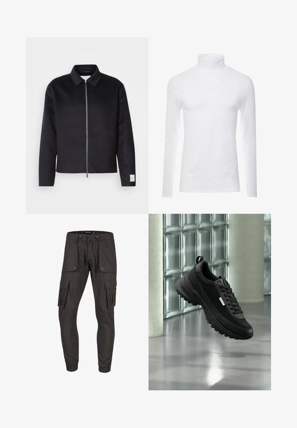 Schwarze Jacke mit Kragen, Vorderreißverschluss und quadratischer Schnitt. Hergestellt aus weichem Stoff, mit einem kleinen Etikett an dem linken Ärmel.; Weißes Langarm-Turtleneck-Shirt aus weichem, dehnbarem Stoff. Verfügt über einen hohen Kragen und eine figurbetonte Passform, die eine schlanke Silhouette bietet.; Cargo-Hose aus dunkelgrauem Stoff mit mehreren Seitentaschen, einem verstellbaren Kordelzugbund und elastischen Bündchen. Strukturierte Oberfläche und praktisches Design.; Schwarzer sportlicher Sneaker mit Mesh-Seitenteilen und dicker Sohle, der drinnen in der Nähe von Glasbausteinen und Säulen auf einem glatten Boden schwebt.