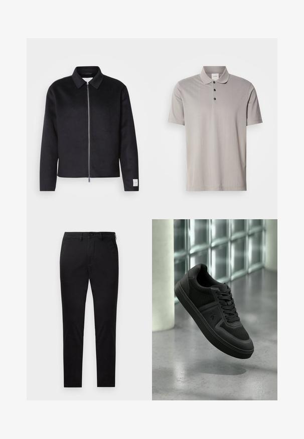 Schwarze Jacke mit Kragen, Vorderreißverschluss und quadratischer Schnitt. Hergestellt aus weichem Stoff, mit einem kleinen Etikett an dem linken Ärmel.; Graues Kurzarm-Polohemd aus glattem Stoff, mit einem klassischen Kragen und drei schwarzen Knöpfen. Dezentes vertikales Rippmuster über das gesamte Hemd.; Schwarze Slim-Fit-Hose mit Knopf- und Reißverschluss, Gürtelschlaufen und ohne sichtbare Taschen, gezeigt vor weißem Hintergrund.; Schwarzer Low-Top-Sneaker mit strukturierten Paneelen, Schnürsenkeln und "ck"-Logo an der Seite, schwebt über einem polierten Betonboden in der Nähe von Glasbausteinen.