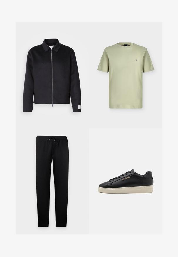 Veste noire avec un col, fermeture éclair à l'avant et coupe carrée. Fabriquée en tissu doux, avec un petit étiquette sur la manche gauche.; T-shirt en coton vert clair à manches courtes avec col rond et petit logo circulaire sur le côté gauche de la poitrine.; Pantalon de jogging texturé noir avec taille élastique et cordon de serrage noir, jambes fuselées et chevilles resserrées.; Sneaker en cuir noir avec une finition lisse, semelle crème contrastante, bout arrondi, logo doré sur le côté et six œillets pour les lacets.