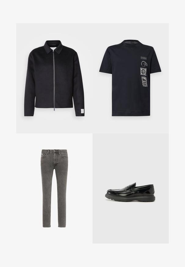 Schwarze Jacke mit Kragen, Vorderreißverschluss und quadratischer Schnitt. Hergestellt aus weichem Stoff, mit einem kleinen Etikett an dem linken Ärmel.; Schwarzes T-Shirt mit kurzen Ärmeln und rundem Ausschnitt, mit vier weißen grafischen Aufnähern mit Text und Designs auf der oberen linken Vorderseite.; Slim-Fit graue Denim-Jeans mit vorderem Knopf und Reißverschluss, Fünf-Taschen-Design und verwaschener Textur.; Schwarze Lederloafer mit glanzendem Finish, abgerundetem Zehenbereich, subtilen Steppnähten und einer dicken Gummisohle für Langlebigkeit.