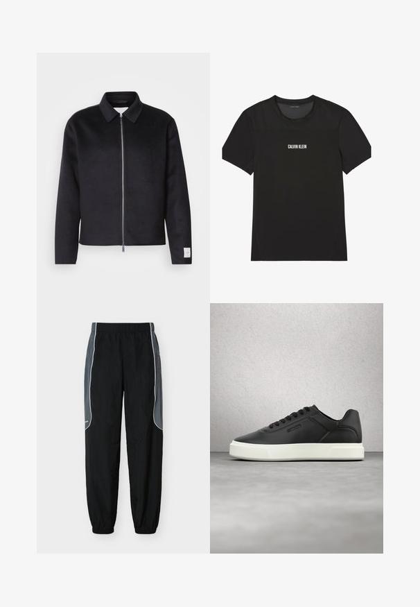Schwarze Jacke mit Kragen, Vorderreißverschluss und quadratischer Schnitt. Hergestellt aus weichem Stoff, mit einem kleinen Etikett an dem linken Ärmel.; Schwarzes, kurzärmeliges Sport-T-Shirt mit Mesh-Einsatz im oberen Brust- und Schulterbereich, vorn zentriert mit dem "Calvin Klein"-Logo versehen.; Schwarze Jogginghosen mit dunkelgrauen Seitenpaneelen und weißer Paspelierung, elastischem Bund und Bündchen, vor weißem Hintergrund gezeigt.; Schwarze Ledersneaker mit weißer Gummisohle, rundlicher Zehenpartie und flachen Schnürsenkeln. Strukturierte Akzente an den Seiten, minimalistisches Design.