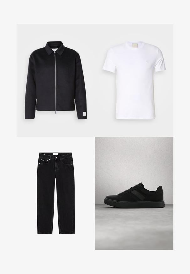 Veste noire avec un col, fermeture éclair à l'avant et coupe carrée. Fabriquée en tissu doux, avec un petit étiquette sur la manche gauche.; T-shirt en coton blanc avec un col rond, des manches courtes et un petit logo brodé sur la poitrine gauche. Texture lisse.; Jeans en denim noir avec une coupe droit, texture légèrement déchirée, cinq poches et détails en métal argenté. Étiquette sur la ceinture.; Baskets décontractées noires à lacets, avec des panneaux latéraux texturés et une semelle plateforme basse, flottant au-dessus d'un sol réfléchissant.