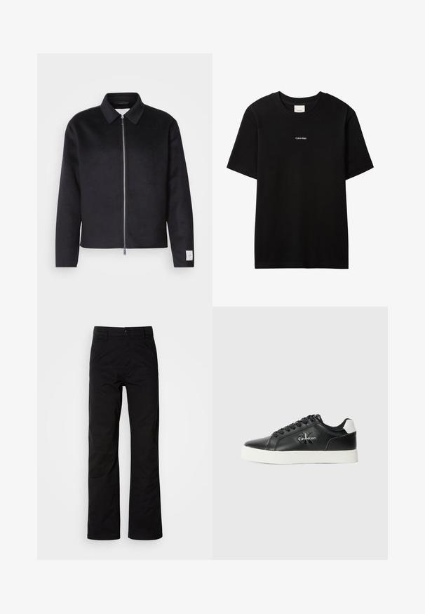Schwarze Jacke mit Kragen, Vorderreißverschluss und quadratischer Schnitt. Hergestellt aus weichem Stoff, mit einem kleinen Etikett an dem linken Ärmel.; Schwarzes Baumwoll-T-Shirt mit Rundhalsausschnitt und kurzen Ärmeln. Auf der Vorderseite befindet sich ein kleines weißes "Calvin Klein"-Logo. Glatte, klassische Passform.; Schwarze Baumwollhosen mit geradem Bein, ausgestattet mit einem Knopfverschluss und Gürtelschlaufen. Glatte Textur und minimalistischer Stil ohne sichtbare Muster.; Schwarzer Ledersneaker mit weißer Gummisohle, schwarzen Schnürsenkeln und Calvin Klein-Logo an der Seite. Verfügt über einen kontrastierenden Fersenlasche.