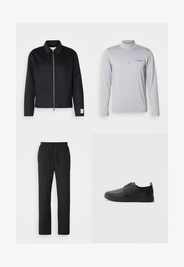 Schwarze Jacke mit Kragen, Vorderreißverschluss und quadratischer Schnitt. Hergestellt aus weichem Stoff, mit einem kleinen Etikett an dem linken Ärmel.; Langärmliger, hellgrauer Pullover mit Reißverschluss aus strukturiertem Stoff. Mit einem blauen Calvin Klein-Logo auf der Brust. Schlichtes, sportliches Design.; Schwarze Jogginghosen aus leichtem Stoff, mit einem elastischen Bund und verstellbaren Kordeln sowie Seitentaschen. Glatte Textur.; Schwarze Leder-Sneaker mit glatter Oberfläche, abgerundeter Zehenpartie, gleichfarbiger Nähte, schnürbarem Vorderteil und flacher Gummisohle. Schlaufe an der Ferse.