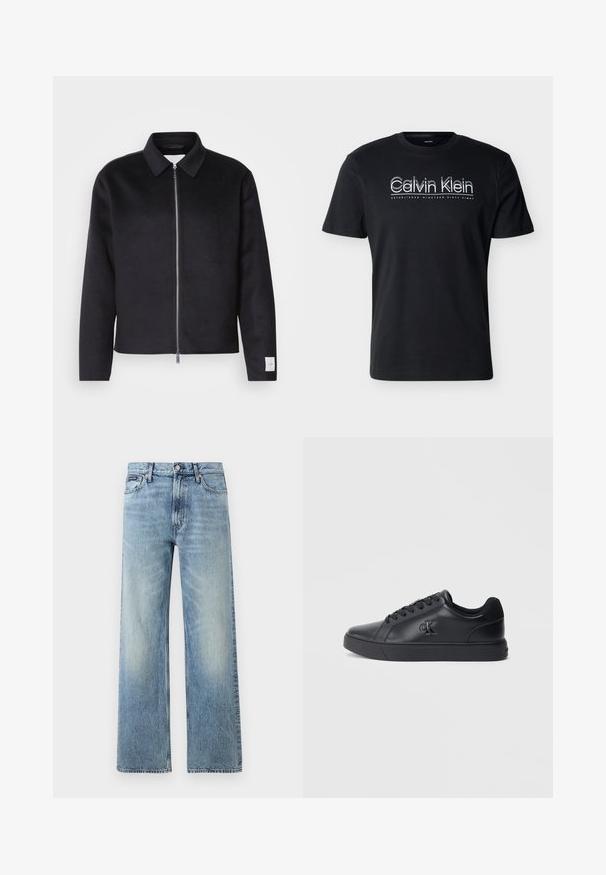 Schwarze Jacke mit Kragen, Vorderreißverschluss und quadratischer Schnitt. Hergestellt aus weichem Stoff, mit einem kleinen Etikett an dem linken Ärmel.; Schwarzes T-Shirt mit kurzen Ärmeln, vorne in der Mitte mit weißem "Calvin Klein"-Schriftzug und darunter dem Slogan "Established Nineteen Sixty Eight".; Hellblaue Jeans mit geradem Bein, hohem Bund, fünf Taschen, Knopfverschluss und dezentem Verblassen an Oberschenkeln und Knien.; Schwarze Ledersneaker mit Schnürdesign, Gummisohle und geprägtem Logo an der Seite, mit einer glatten Textur und minimalistischem Stil.