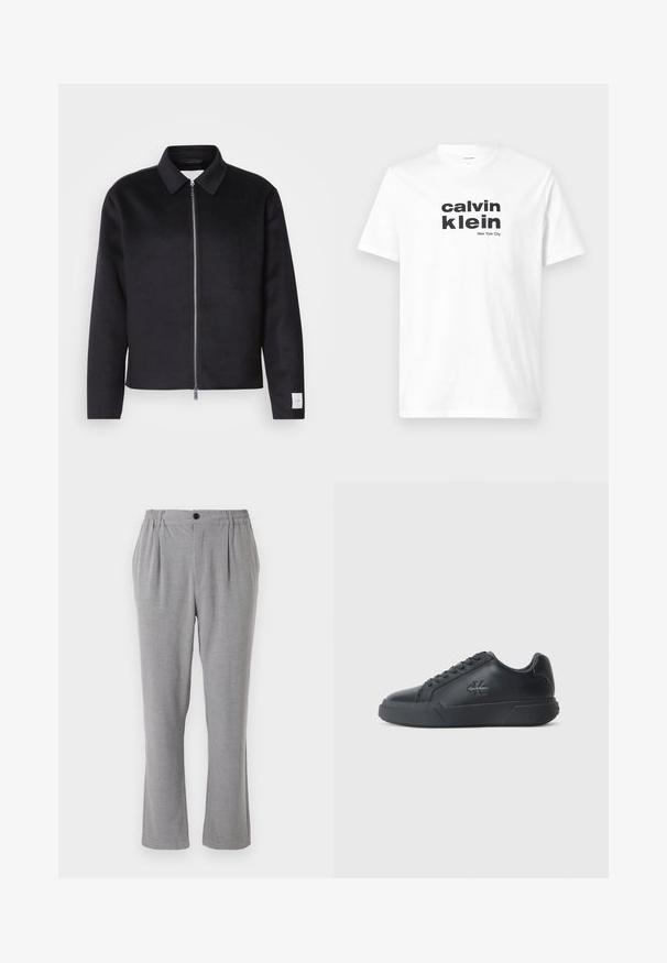 Schwarze Jacke mit Kragen, Vorderreißverschluss und quadratischer Schnitt. Hergestellt aus weichem Stoff, mit einem kleinen Etikett an dem linken Ärmel.; Weißes Baumwoll-T-Shirt mit auffälligem schwarzem Text: "calvin klein" und "New York City". Klassischer Rundhalsausschnitt und kurze Ärmel.; Graue Hose aus strukturiertem Stoff mit Knopfverschluss und elastischem Bund. Gerades Bein mit Seitenfalten.; Schwarze Leder-Sneaker mit abgerundeter Zehenpartie, flacher Sohle und Schnürdesign. Auffällige Details sind ein dezentes Logo an der Seite.