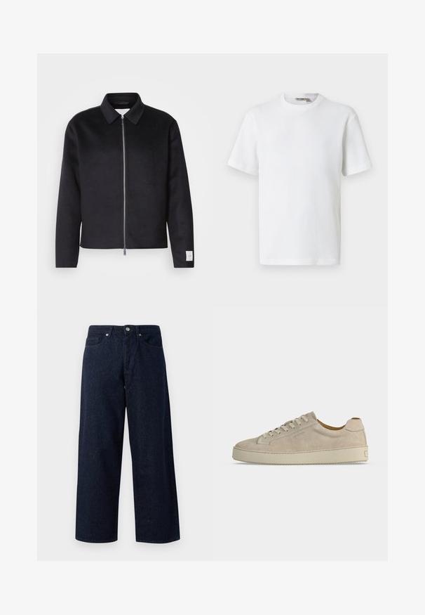 Schwarze Jacke mit Kragen, Vorderreißverschluss und quadratischer Schnitt. Hergestellt aus weichem Stoff, mit einem kleinen Etikett an dem linken Ärmel.; Weißes, kurzärmeliges T-Shirt mit Waffelstrick und Rundhalsausschnitt, mit kleinem Markenetikett im Kragen, auf einfarbigem Hintergrund präsentiert.; Dunkelblaue Denim-Jeans in weiter Beinform mit Knopfverschluss, Fronttaschen und subtiler Textur, geraden Säumen und einem lockeren Sitz.; Beiger Wildleder-Low-Top-Sneaker mit Schnürverschluss und dicker Gummisohle, von der Seite auf weißem Hintergrund gezeigt.