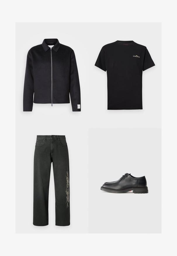Schwarze Jacke mit Kragen, Vorderreißverschluss und quadratischer Schnitt. Hergestellt aus weichem Stoff, mit einem kleinen Etikett an dem linken Ärmel.; Schwarzes T-Shirt mit kurzen Ärmeln und Rundhalsausschnitt, mit kleinem "GUESS JEANS"-Logo in Weiß und Orange auf der linken Brust.; Schwarze Denim-Jeans mit weitem Bein und seitlichem grafischem Design in Hellgrau. Klassischer Fünf-Taschen-Stil mit Knopfverschluss und Gürtelschlaufen.; Schwarzer Lederschuh mit glatter Textur, abgerundetem Zehenbereich und flacher, geprägter Naht. Dicke Gummisohle mit leichtem Absatz und rutschfester Musterung.
