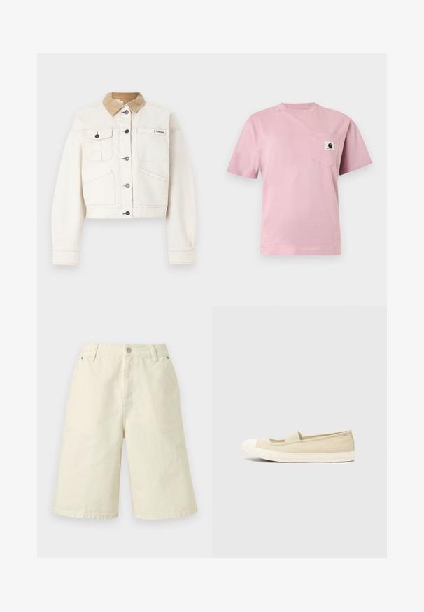 Veste crème boutonnée avec col en velours côtelé marron clair, quatre poches avant et logo Columbia sur le côté droit supérieur de la poitrine.; T-shirt rose clair à manches courtes avec une poche poitrine gauche présentant un petit patch logo Carhartt.; Shorts couleur crème arrivant au genou avec fermeture bouton et zip, passants de ceinture et poches latérales, présentés sur un fond uni.; Chaussures beiges à enfiler avec une semelle en caoutchouc, bout rond en blanc, bande élastique sur le cou-de-pied et dessus en textile lisse.