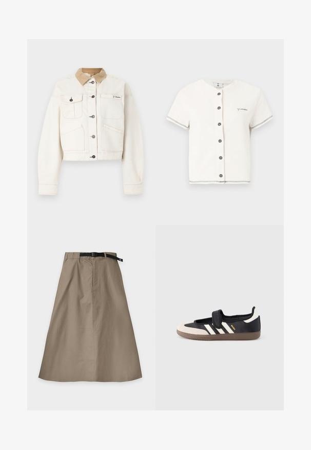 Veste crème boutonnée avec col en velours côtelé marron clair, quatre poches avant et logo Columbia sur le côté droit supérieur de la poitrine.; Cardigan blanc côtelé à manches courtes avec boutons sur le devant, encolure ronde, bordure grise aux manches et à l'ourlet, et petit logo Columbia sur la poitrine.; Jupe trapèze marron clair avec une ceinture noire ajustable, faite en tissu lisse, présentée à plat sur un fond blanc.; Baskets noires et beiges avec une bride en velcro, trois bandes blanches sur le côté, et une semelle en caoutchouc marron texturée. Logo de la marque visible.