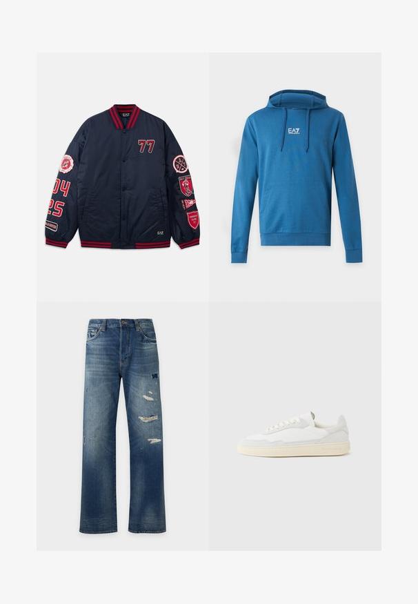 Veste de bombardier navy avec des accents rouges. Présente des numéros et des patchs brodés sur les manches. Col et poignets côtelés. Matériau lisse et brillant.; Sweat à capuche bleu avec poche avant et logo EA7 Emporio Armani centré sur la poitrine, avec des cordons sur la capuche.; Jean en denim bleu coupe droite avec des zones délavées et plusieurs patches usés sur l'avant des cuisses et des genoux.; Baskets blanches avec dessus en daim et cuir texturé. Caractérisées par un bout arrondi, une fermeture à lacets et une semelle en caoutchouc beige contrastante.