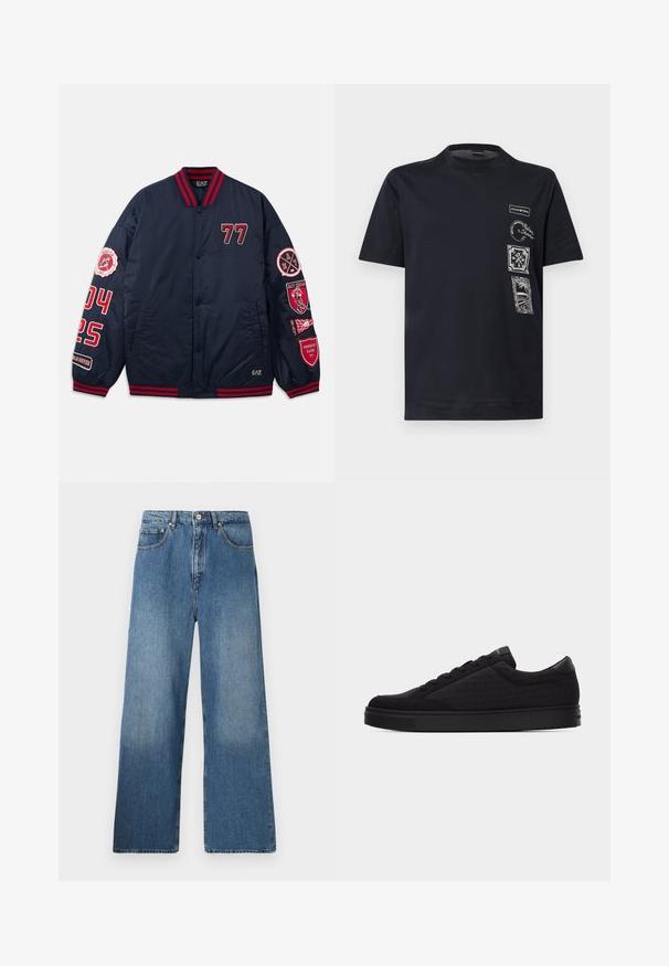 Marine bomberjack met rode accenten. Voorzien van geborduurde cijfers en patches op de mouwen. Ribbelkraag en -manchetten. Glad, glanzend materiaal.; Zwart T-shirt met korte mouwen en een ronde hals, met vier witte grafische patches met tekst en ontwerpen op de bovenste linkervoorzijde.; Lange blauwe denim jeans met een klassiek vijf-pocket ontwerp, voor sluiting met een knoop en een lichte vervaging voor textuur.; Zwarte lage sneaker met tonale logo-print, vetersluiting en platte zool tegen een effen lichte achtergrond.