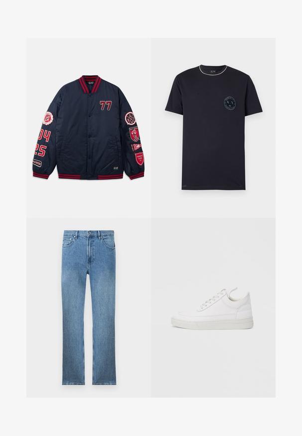Marine bomberjack met rode accenten. Voorzien van geborduurde cijfers en patches op de mouwen. Ribbelkraag en -manchetten. Glad, glanzend materiaal.; Zwarte korte mouw T-shirt met ronde hals en een klein rond Armani Exchange-logo op de linkerborst en witte bies aan de halslijn.; Lichtblauwe denim jeans met een rechte snit, vijf zakken, een ritsluiting en contrasterende stiksels. De stof heeft een gladde, gestructureerde afwerking.; Witte leren sneaker met een afgeronde neus, platte zool en veters aan de voorkant. Voorzien van stikseldetails en een gevoerde kraag voor comfort.