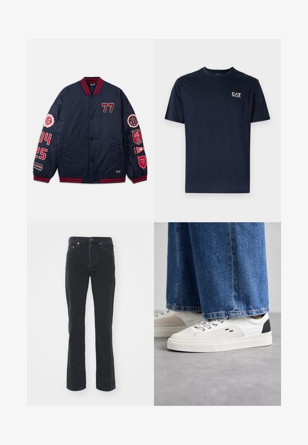 Marine bomberjack met rode accenten. Voorzien van geborduurde cijfers en patches op de mouwen. Ribbelkraag en -manchetten. Glad, glanzend materiaal.; Navyblauwe katoenen t-shirt met korte mouwen, ronde halslijn en EA7-logo aan de linkerbovenkant in het wit. Gladde textuur, casual ontwerp.; Zwarte denim jeans met een rechte pijpdesign, voorzien van vijf zakken en een knoopsluiting. De stof heeft een subtiele textuur en stevige afwerking.; Witte en zwarte sneakers met een glad leren bovenwerk, textuuraccenten en een chunky witte zool. Heeft een klassiek vetersluiting ontwerp.