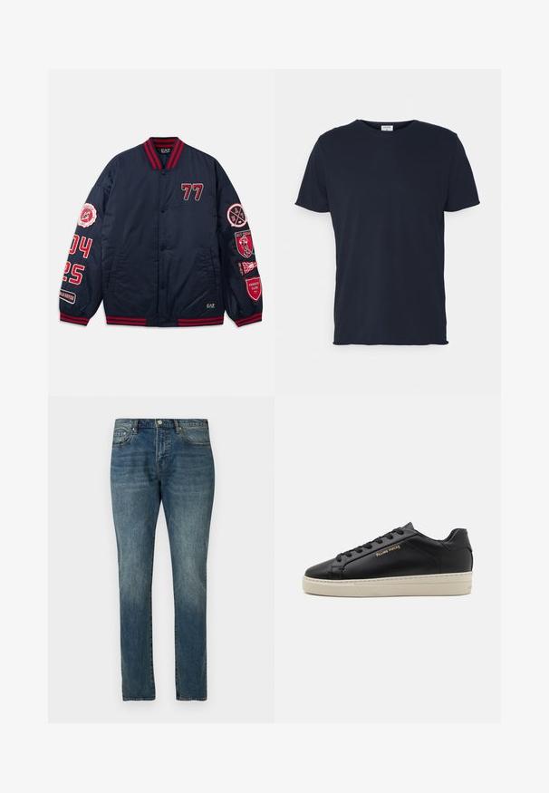 Veste de bombardier navy avec des accents rouges. Présente des numéros et des patchs brodés sur les manches. Col et poignets côtelés. Matériau lisse et brillant.; T-shirt en coton bleu marine avec un col rond et des manches courtes, présentant une texture lisse et un design simple, sans motifs ni accents visibles.; Jeans en denim droit délavés bleus avec un bouton frontal et des poches, présentés sur un fond blanc uni.; Sneaker en cuir noir avec une finition lisse, semelle crème contrastante, bout arrondi, logo doré sur le côté et six œillets pour les lacets.