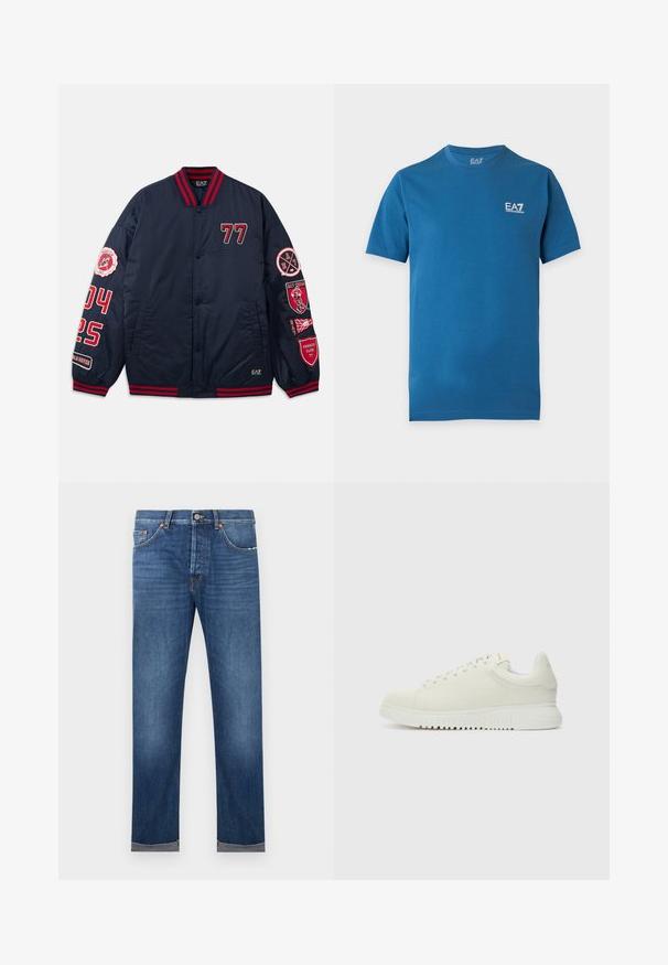 Marine bomberjack met rode accenten. Voorzien van geborduurde cijfers en patches op de mouwen. Ribbelkraag en -manchetten. Glad, glanzend materiaal.; Blauw T-shirt met korte mouwen en een ronde hals met een klein wit EA7 Emporio Armani-logo op de bovenste linkerborst.; Heren spijkerbroek met rechte pijpen in blauwe denim, voorzien van een knoopsluiting, vijfzakkenontwerp en omgeslagen zomen tegen een witte achtergrond.; Witte leren sneaker met een textuur bovenkant, ronde neus, vlakke witte zool en tonale veters. Subtiele branding op de tong.