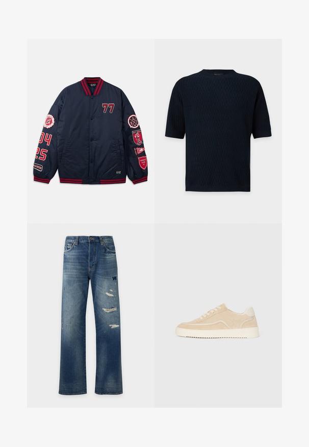 Veste de bombardier navy avec des accents rouges. Présente des numéros et des patchs brodés sur les manches. Col et poignets côtelés. Matériau lisse et brillant.; Haut tricoté bleu marine foncé à manches courtes avec motif zigzag texturé et encolure ronde, poignets et ourlet côtelés.; Jean en denim bleu coupe droite avec des zones délavées et plusieurs patches usés sur l'avant des cuisses et des genoux.; Baskets en daim beige avec semelle et lacets blancs, design basse, et motif de semelle en zigzag.