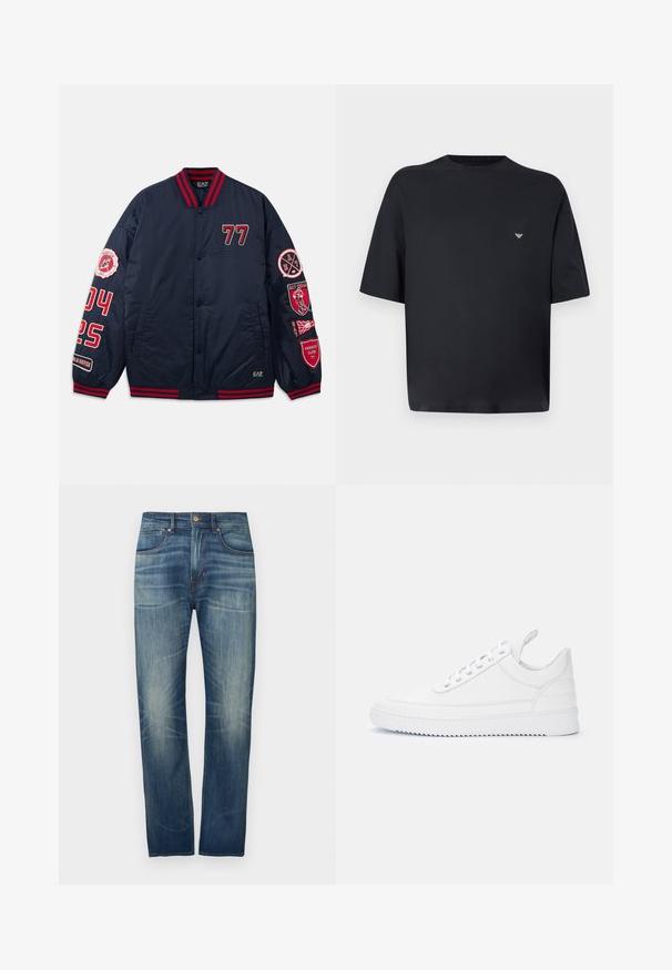 Veste de bombardier navy avec des accents rouges. Présente des numéros et des patchs brodés sur les manches. Col et poignets côtelés. Matériau lisse et brillant.; T-shirt noir oversize à manches courtes avec petit logo blanc sur le côté gauche de la poitrine, présenté sur un fond gris clair.; Jean en denim bleu foncé à coupe droite, avec un léger délavage, cinq poches et une fermeture par bouton à la taille.; Baskets basses blanches à fermeture lacée, détails surpiqués, languette au talon et semelle crantée sur un fond clair uni.